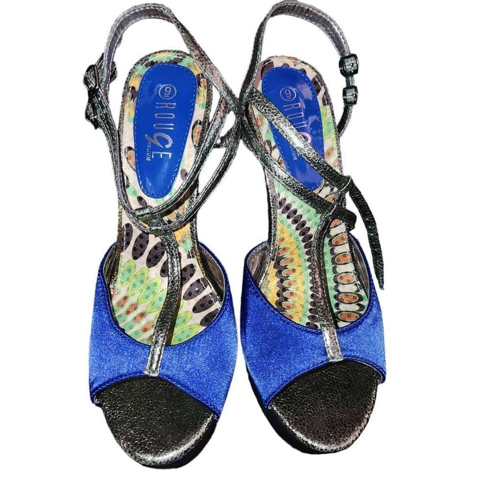 Rouge Blue Satin Platform Heel Sandals with Bucket Straps Size 9